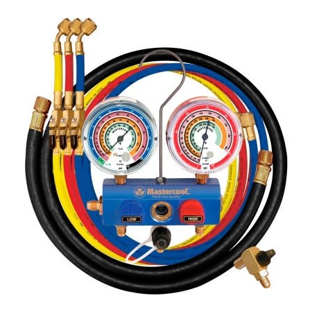 Mastercool Mastercool 3 Way 3 1/8" Gauges, 60" Hoses 3-1/4" R, B, Y & 1-3/8" Black 59861